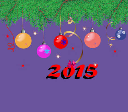 Christmas background with fir branches, colorful Christmas toysのイラスト素材