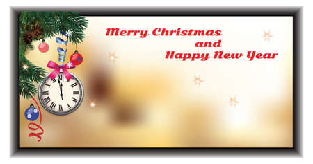 a small greeting card with clock and fir branches with Christmas toysのイラスト素材