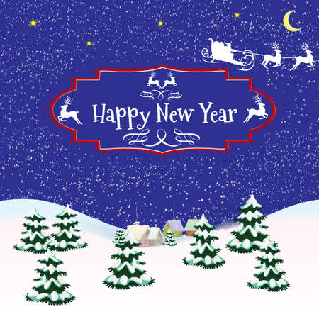 Christmas card with a blue background on the sleigh of Santa Claus with falling snow and the text in vintage frameのイラスト素材
