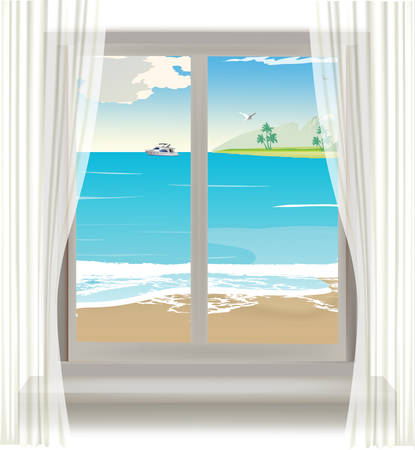 view of tropical beach through the window. Vectorのイラスト素材