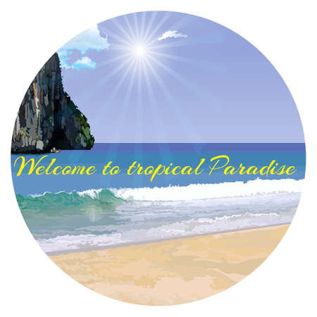 Deserted beach with the surf and the island on the horizonのイラスト素材