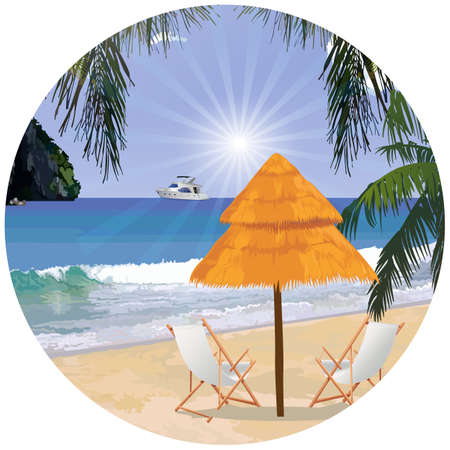 summer Sunny beach with a jetty and boat. Vector backgroundのイラスト素材