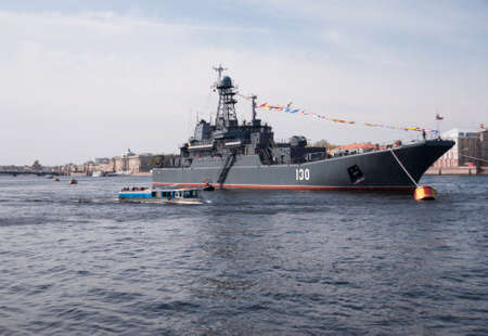SAINT-PETERSBURG, RUSSIA - May 09, Warships during in parade dedicated to Victory Day, May 09, 2015,...