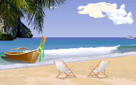 Sunny tropical beach with sun loungers, Vectorのイラスト素材