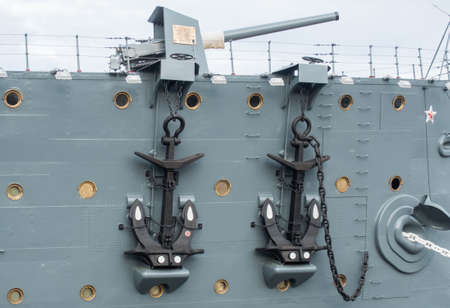 Close-up of anchors and the bow guns of the cruiser Aurora
