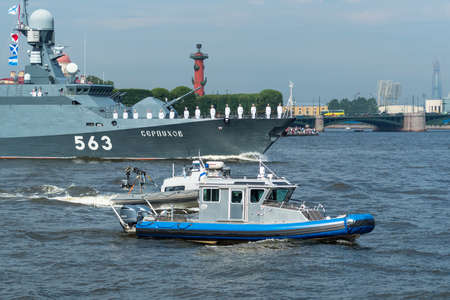 SAINT-PETERSBURG, RUSSIA - JULY 23, 2017: Russian Navy warship at the rehearsal of the naval parade in St. Petersburgのeditorial素材