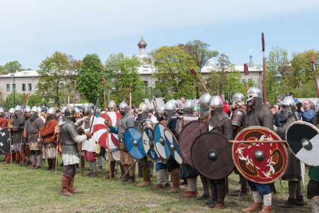 St. Petersburg, Russia - May 27, 2017: Demonstrative historical battle on the ancient weapons. Historical reconstruction of sword fighting in St. Petersburg, Russiaのeditorial素材