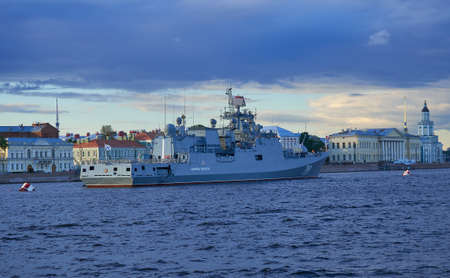 SAINT-PETERSBURG, RUSSIA - JULY 20, 2017: frigate Admiral Makarov in the evening before the naval parade in St. Petersburg.のeditorial素材