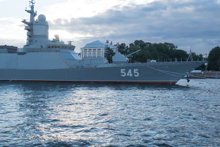 SAINT-PETERSBURG, RUSSIA - JULY 20, 2017: frigate Admiral Makarov in the evening before the naval parade in St. Petersburg.のeditorial素材