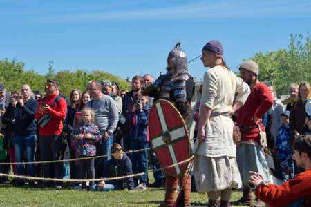 St. Petersburg, Russia - May 27, 2017: Historical reconstruction of sword fighting. Demonstrative fight with swords in St. Petersburg, Russiaのeditorial素材