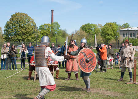 St. Petersburg, Russia - May 27, 2017: Historical reconstruction of sword fighting. Demonstrative...