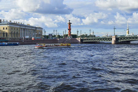 SAINT-PETERSBURG, RUSSIA - JULY 20, 2017: View from the water on the Kunstkamera, Rostral column and the Peter and Paul Fortress in St. Petersburgのeditorial素材