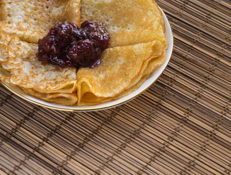 Hot homemade pancakes with strawberryの写真素材