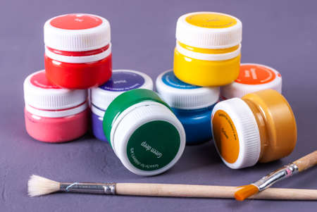 Acrylic paints  on the table. Set for children's creativity