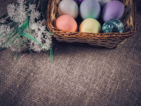 Easter eggs in a basket and white flowers on a fabric backgroundの写真素材
