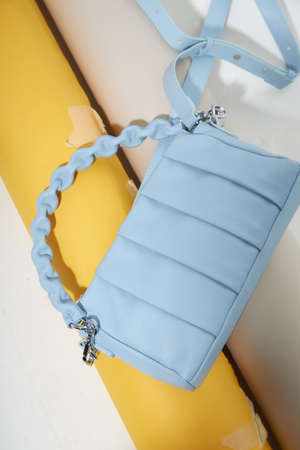 Bags in pastel color. Spring/summer fashion concept in pastel colors. Close-up.の写真素材