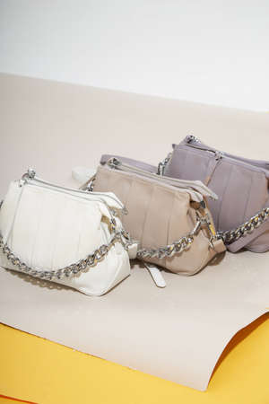 Bags in pastel color. Spring/summer fashion concept in pastel colors. Close-upの写真素材