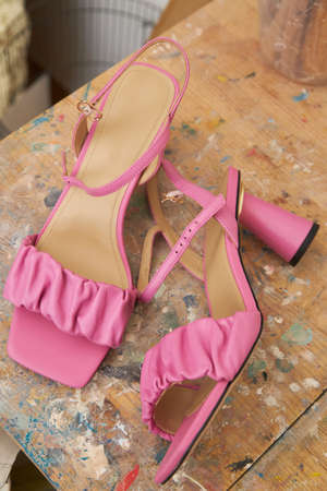 Fashion female pink shoes sandals made of eco-leather spring-summer 2022の写真素材