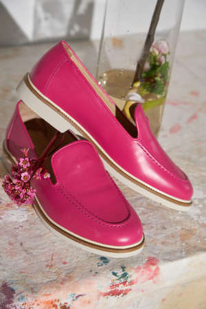 Fashion female pink loafers shoes eco-leather spring-summer 2022の写真素材