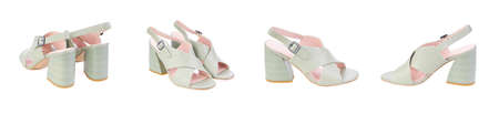Collage set stylish elegant trendy designer fashionable summer spring 2022 eco leather women's sandals shoes heel isolatedの写真素材