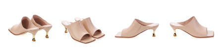 Collage set stylish elegant trendy designer fashionable summer spring 2022 eco leather women's sandals shoes heel isolatedの写真素材