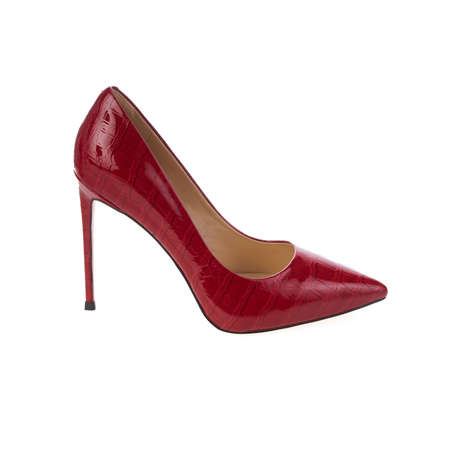 stylish elegant trendy designer fashionable summer spring 2022 eco leather women's red shoes heel isolatedの写真素材