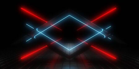 3D abstract background with neon lights. neon tunnel .space construction . 3d illustrationの写真素材