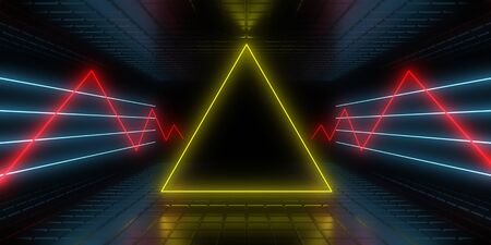 3D abstract background with neon lights. neon tunnel .space construction . 3d illustrationの写真素材