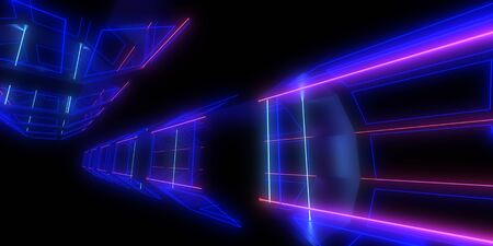 3D abstract background with neon lights. neon tunnel .space construction . 3d illustrationの写真素材