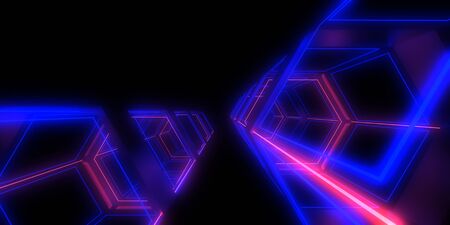 3D abstract background with neon lights. neon tunnel .space construction . 3d illustrationの写真素材