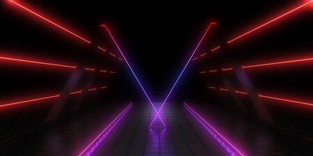 3D abstract background with neon lights. neon tunnel .space construction . 3d illustrationの写真素材