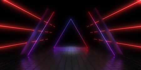 3D abstract background with neon lights. neon tunnel .space construction . 3d illustrationの写真素材