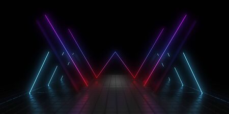 3D abstract background with neon lights. neon tunnel .space construction . 3d illustrationの写真素材