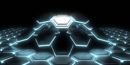 3D abstract background with neon lights.pattern hexagon background. 3d illustrationの写真素材