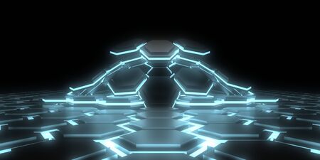 3D abstract background with neon lights.pattern hexagon background. 3d illustrationの写真素材