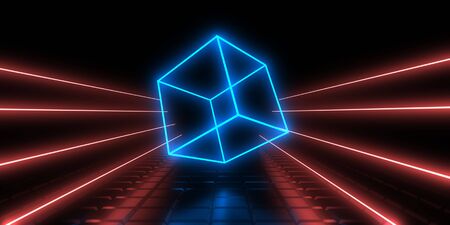 3D abstract background with neon lights. 3d illustrationの写真素材