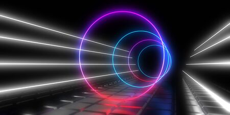 3D abstract background with neon lights. 3d illustrationの写真素材