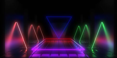 3D abstract background with neon lights. 3d illustrationの写真素材