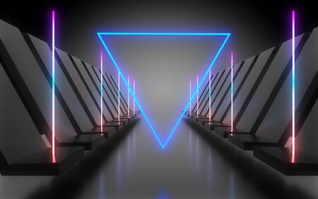 abstract architecture tunnel with neon light. 3d illustrationの写真素材