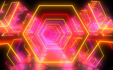 abstract background hexagon neon tunnel. 3d illustrationの写真素材