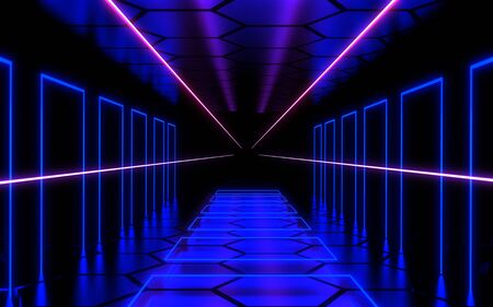 3d abstract neon background laser construction. 3d illustration