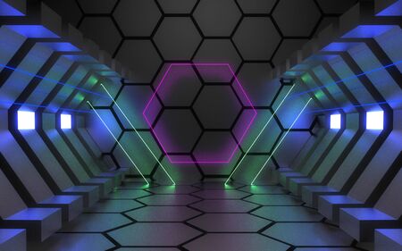 3d abstract neon room. alien reactor. spaceship. datacenter concept. 3d illustration