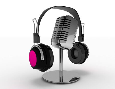 Vintage microphone and headphones . 3d rendered illustrationの写真素材