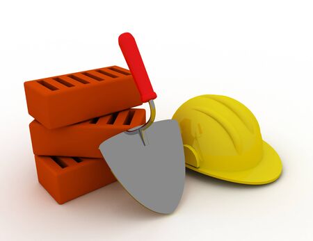 Trowel and bricks  . 3d rendered illustrationの写真素材