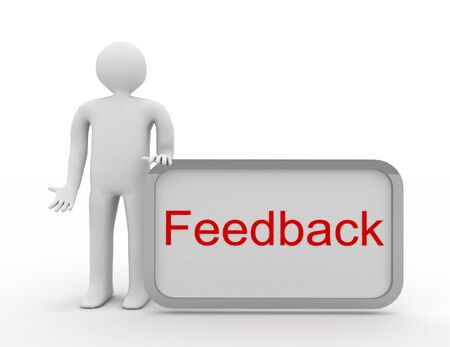 3d people - man, person with advertising billboard and word feedbackの写真素材