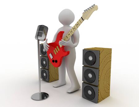 3d white people playing  electric guitar with retro microphoneの写真素材