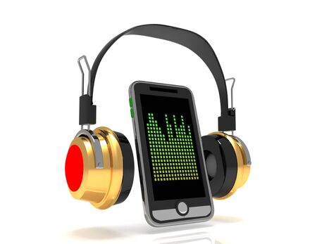 3d rendering pair of wireless headphones and a smartphone on a white backgroundの写真素材