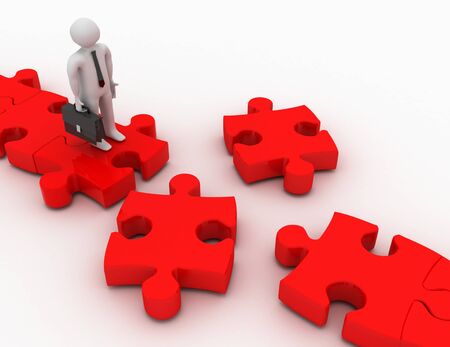 3d businessman standing on edge of a damaged puzzle pathの写真素材