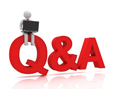 Person is sitting on q&a etters and uses a laptopの写真素材