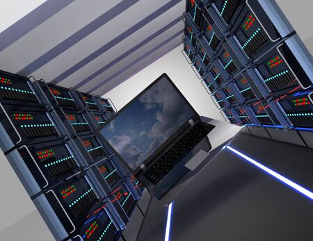 3d server and laptop concept. 3d illustrationの写真素材